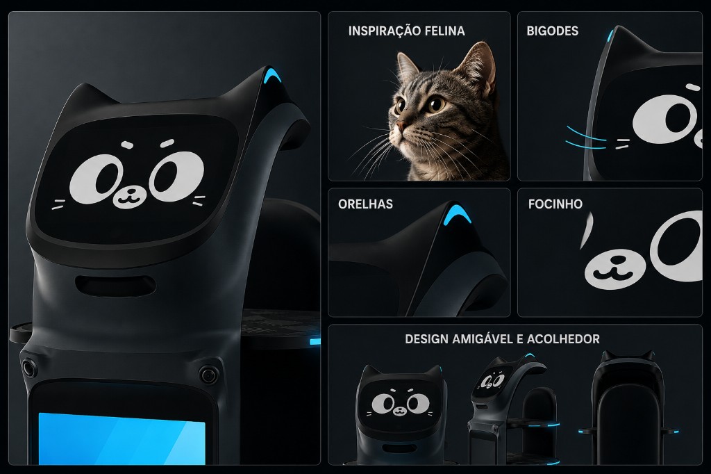 BellaBot Pro com design biomimético inspirado em gatos — orelhas, bigodes e expressão amigável