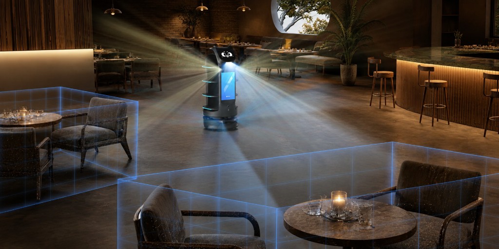 BellaBot Pro com sistema Omni-Sense detectando obstáculos em restaurante