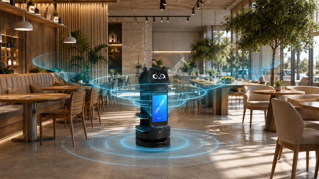 BellaBot Pro com navegação VSLAM+ mapeando ambiente de restaurante