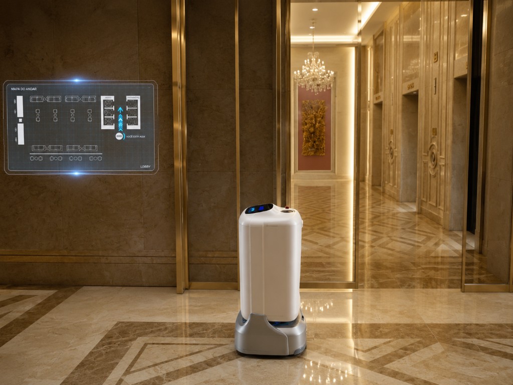 FlashBot navegando com VSLAM+ em lobby de hotel com mapa do andar