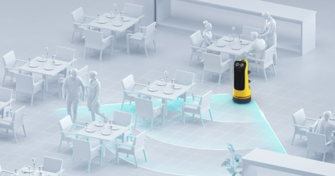 KettyBot Pro navegando em restaurante com navegação laser + visual entre mesas e clientes