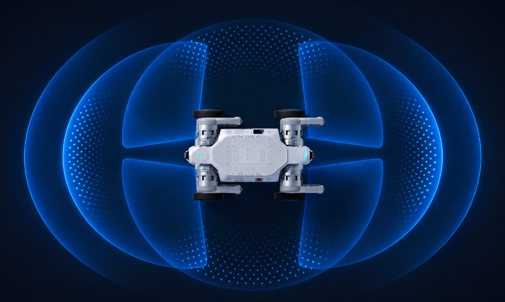 Percepção 360° do PUDU D5 Series com LiDAR esférico e câmeras fisheye