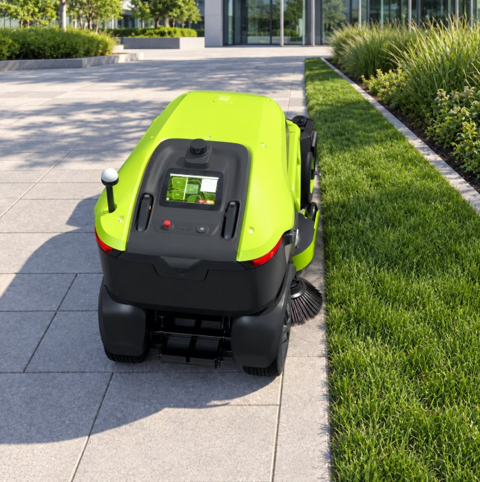 PUDU GT3 com escovas de varrição nas bordas entre gramado e pavimento