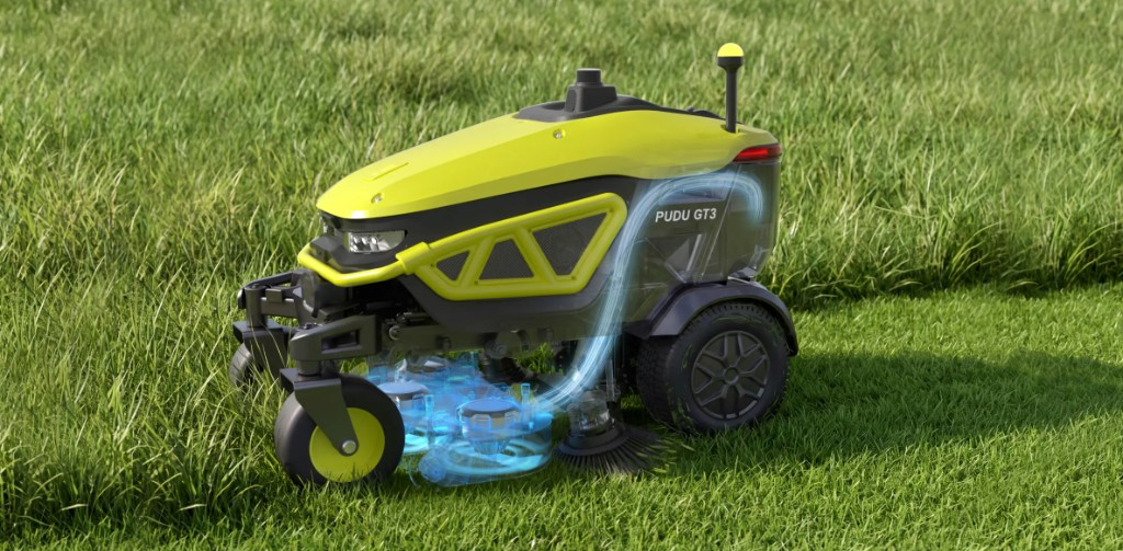 PUDU GT3 cortando, aspirando e coletando aparas em uma única passada