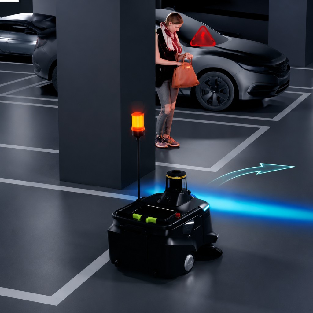 PUDU MT1 Max navegando em estacionamento com detecção de obstáculos
