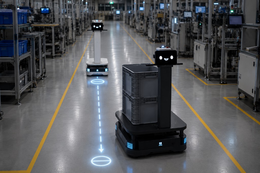 Dois PUDU T300 em modo seguidor com fila ordenada em corredor industrial